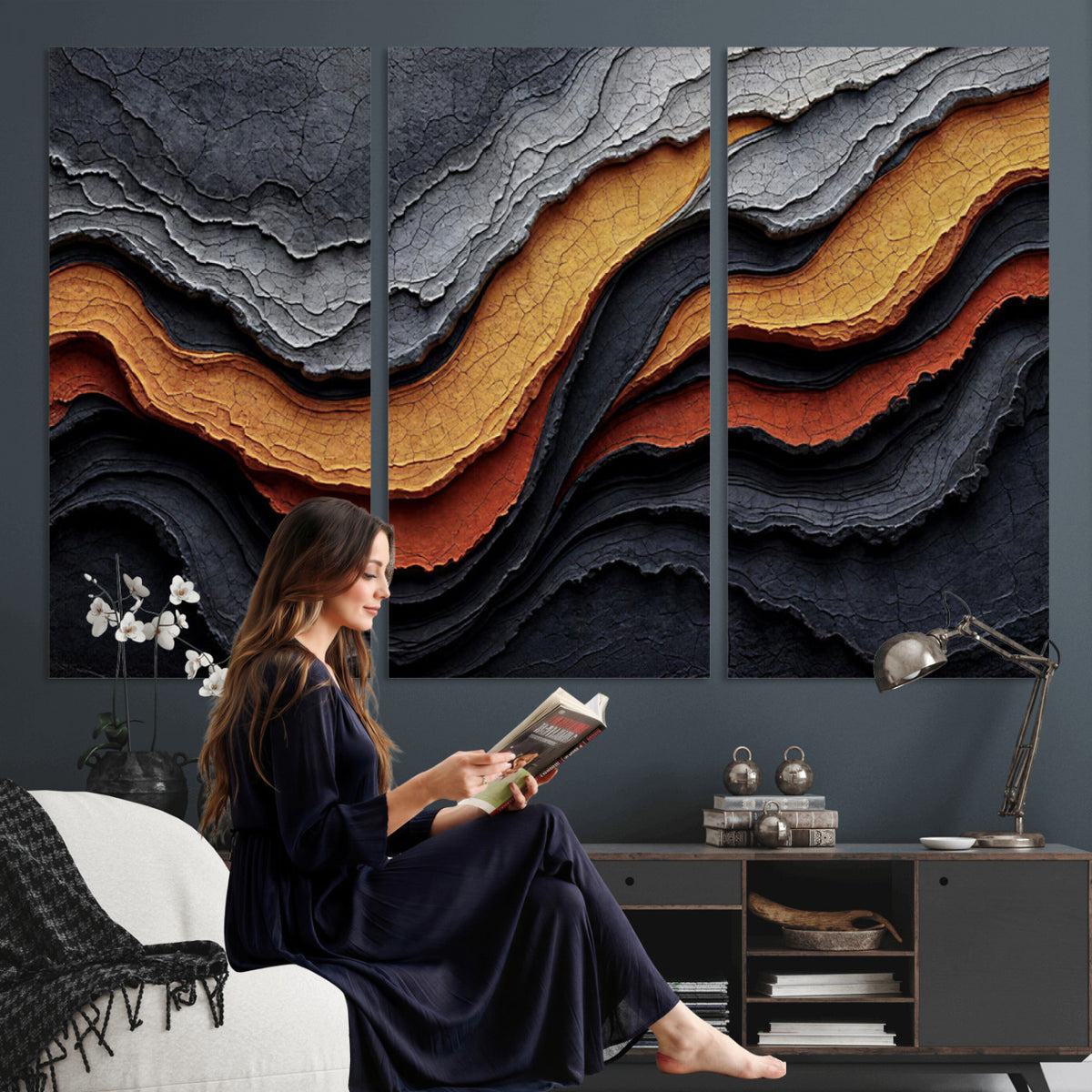 59852489-MGV-CV-36X24 - Abstract Waves Canvas Wall Art - Modern Terracotta and Charcoal Gray Print
