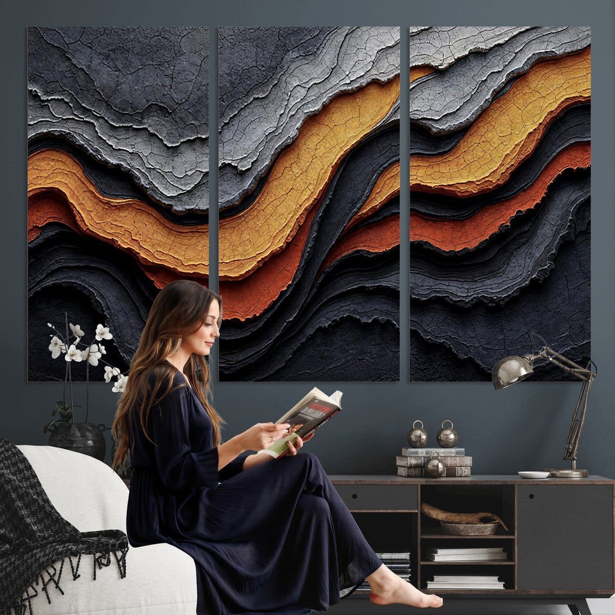 59852489-_Poster-30x20 - Abstract Waves Canvas Wall Art - Modern Terracotta and Charcoal Gray Print