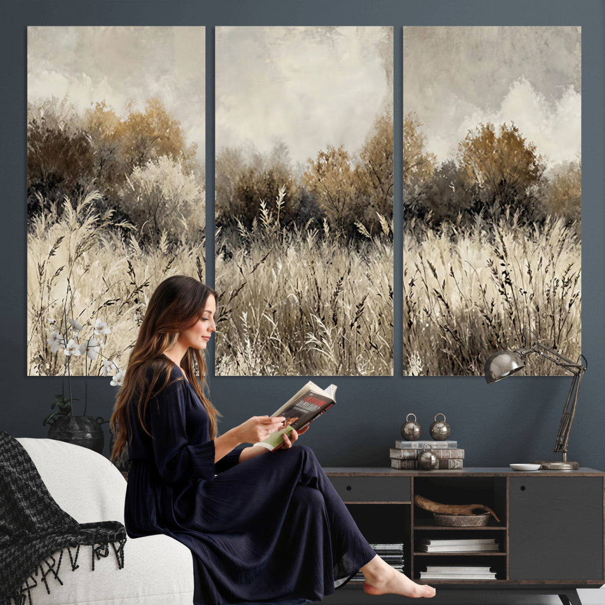 53959945-MGV-TP-30X20 - Muted Neutral Forest Landscape Canvas Wall Art - Vintage Rustic Wildflower Meadow Print