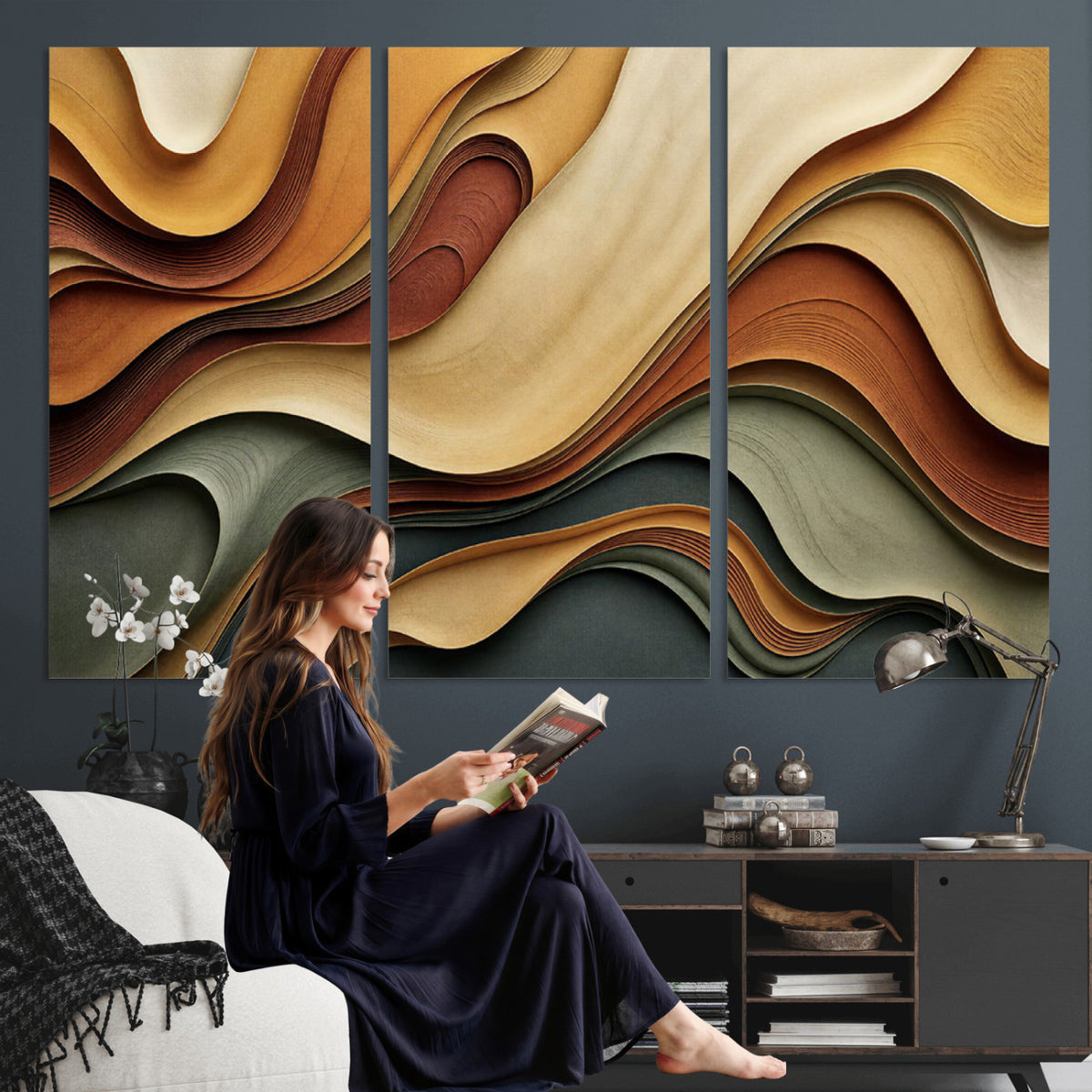 19337902-MGV-CV-36X24 - Modern Abstract Waves Canvas Wall Art - Minimalist Earthy Tone Living Room Decor
