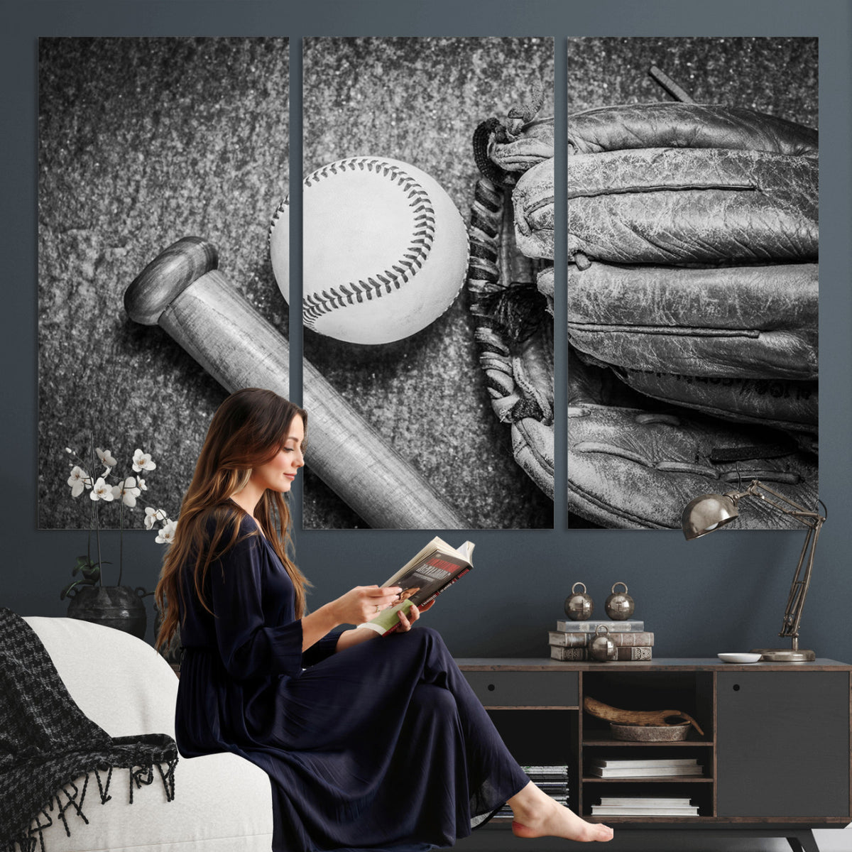 83916D-MGV-CV-36X24 - Vintage Baseball Glove and Bat Sports Wall Art Canvas Print