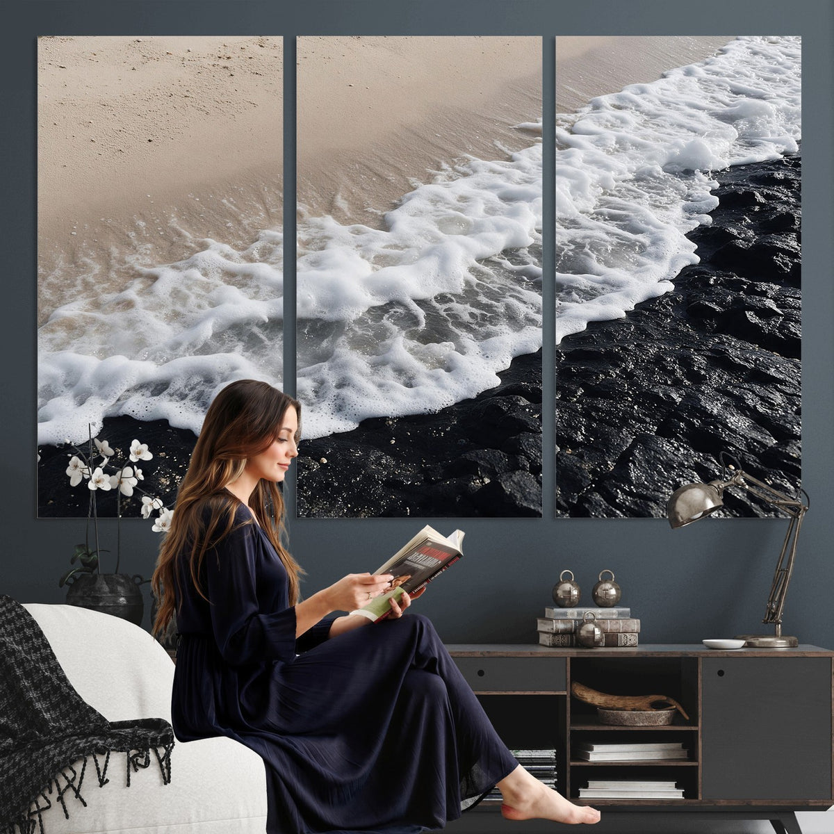 27448606-MGV-CV-24X16 - Ocean Wave Foam on Black Lava Rock Beach Canvas Wall Art Print