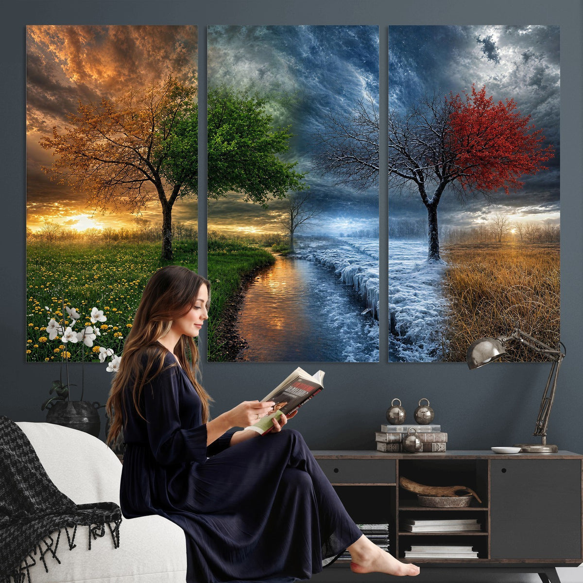 61895574-MGV-CV-24X16 - Four Seasons Tree Canvas Wall Art, Nature Landscape Canvas Print for Living Room