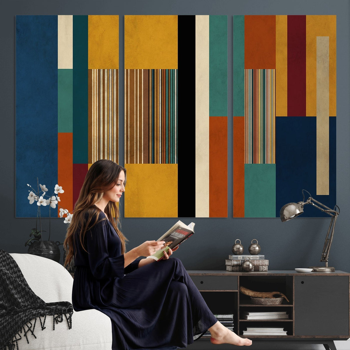 53992657-MGV-CV-48X32-3P - Mid Century Abstract Color Block Canvas Wall Art, Geometric Striped Canvas Print