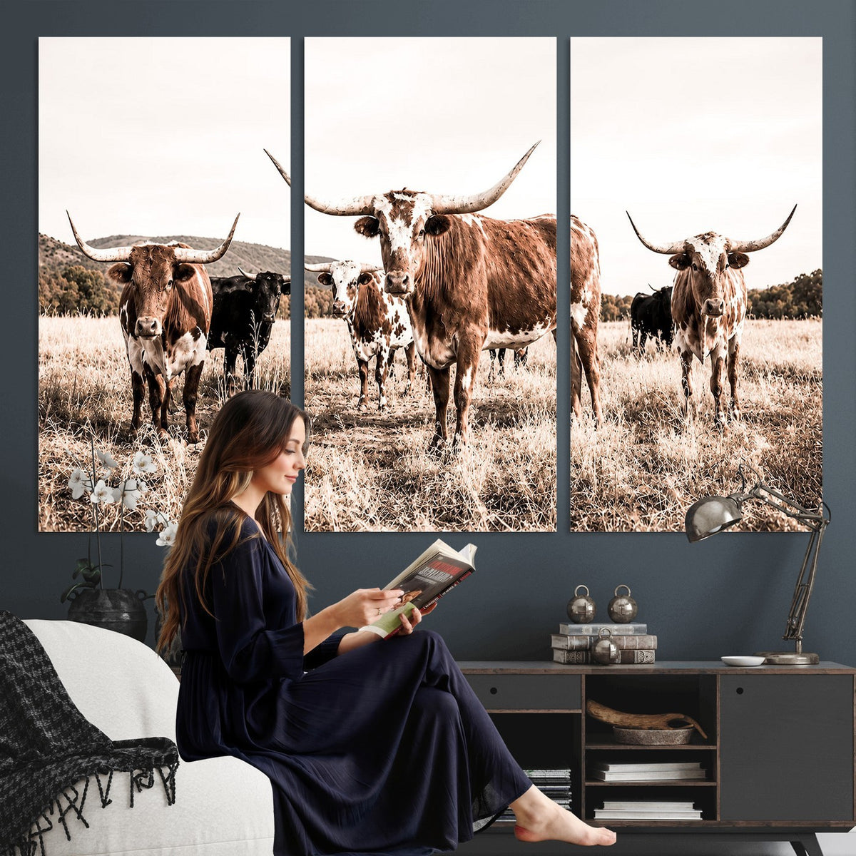25234808-MGV-CV-48X32-3P - Texas Longhorn Cattle Canvas Wall Art, Western Ranch Home Decor