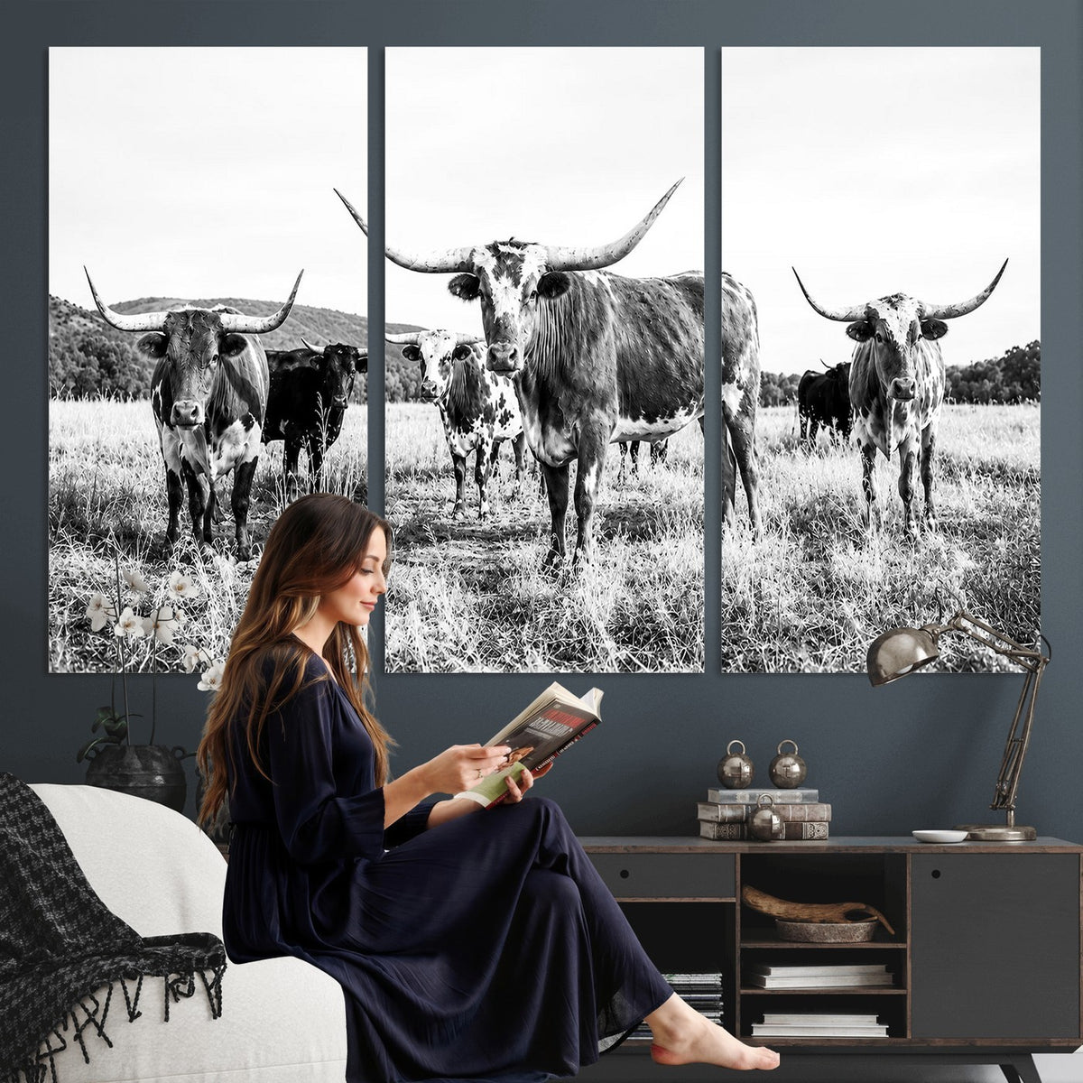 73228277-MGV-CV-48X32-3P - Black and White Longhorn Cattle Canvas Print, Western Ranch Wall Decor