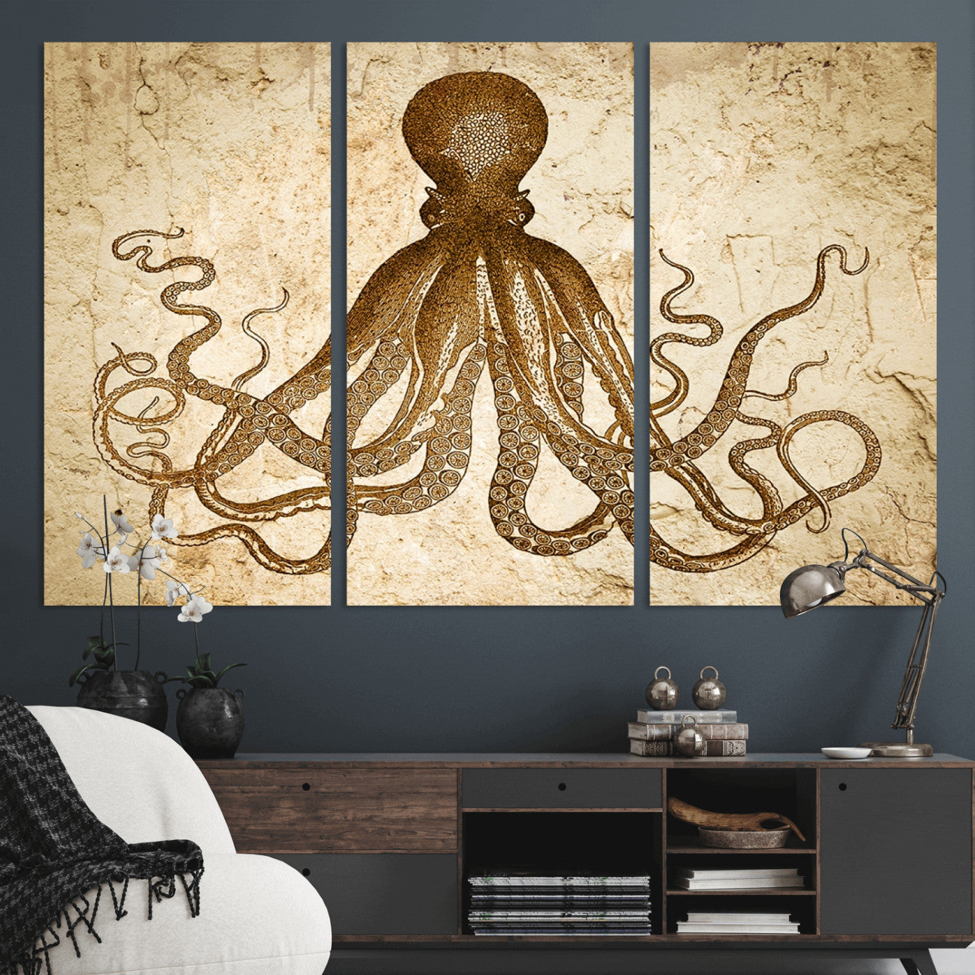 96154-MGV-CV-36X24-Sepia Octopus Wall Art Abstract Animal Canvas Print