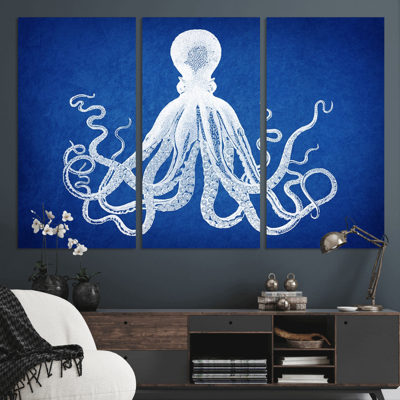 67315-MGV-CV-36X24-Large 3-Panel Blue Octopus Canvas Wall Art | Coastal Marine Life Artwork for Living Room, Bedroom, or Office | Ready-to-Hang Nautical Wall