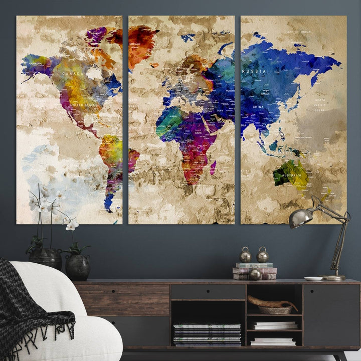 Watercolor World Map Canvas Print World Map Wall Art Great Design Great Gift Idea