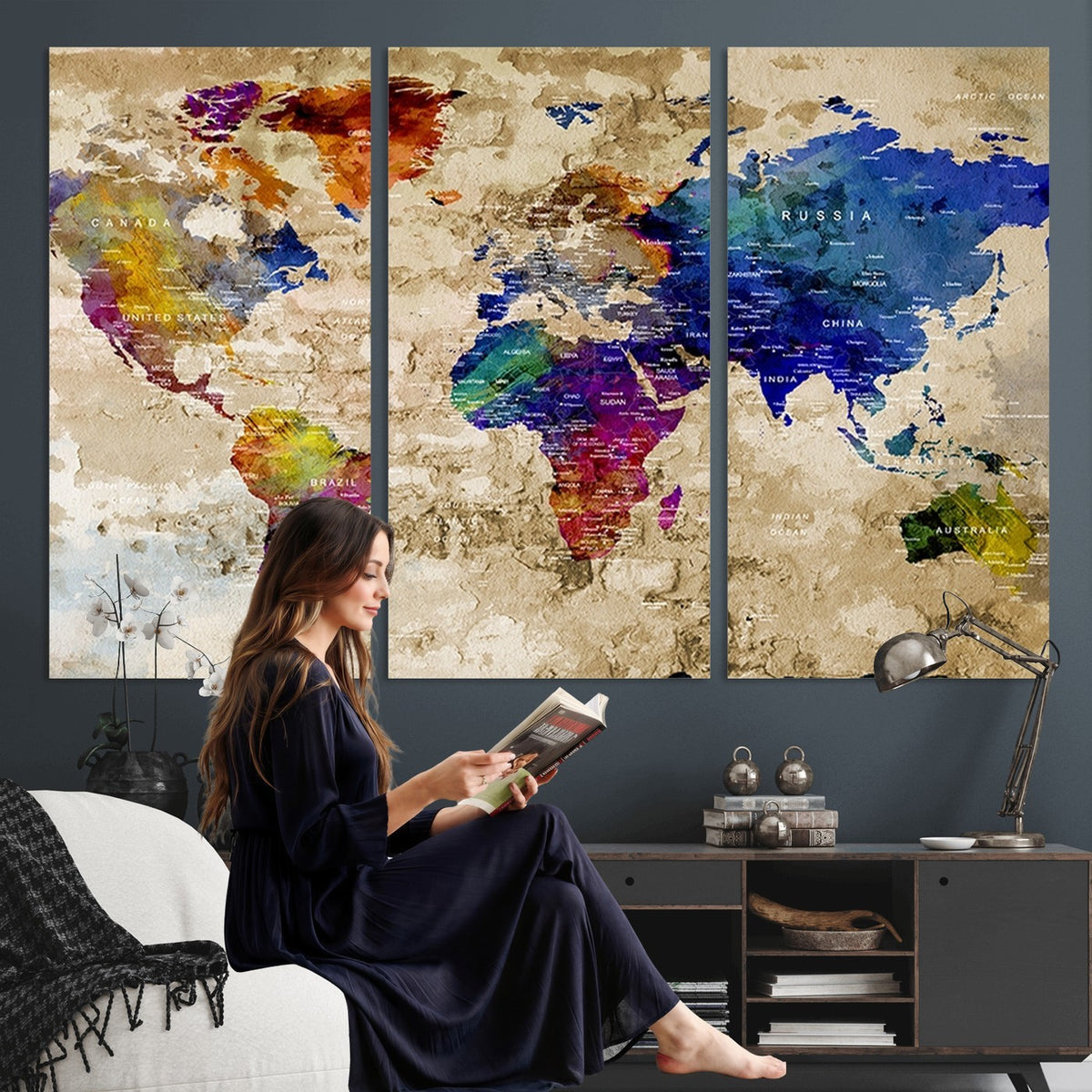 Colorful World Map Canvas Wall Art | Abstract Watercolor Map Print