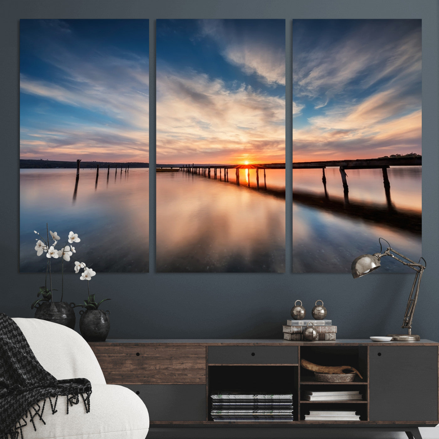 MGV-CV-48X32-3P - Wooden Pier on Seascape and Sunset Wall Art Canvas Print