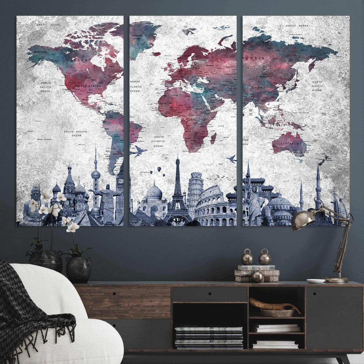 MGV-CV-48X32-3P - Push Pin World Map Canvas Print – Framed Wall Art for Couples to Track Their Travels – Anniversary