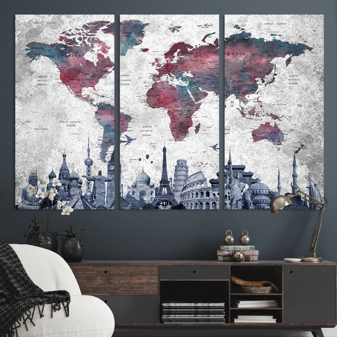 The dining room features a Blue Multipanel World Map Wall Art Canvas Print that adorns the wall, highlighting its neutral decor.