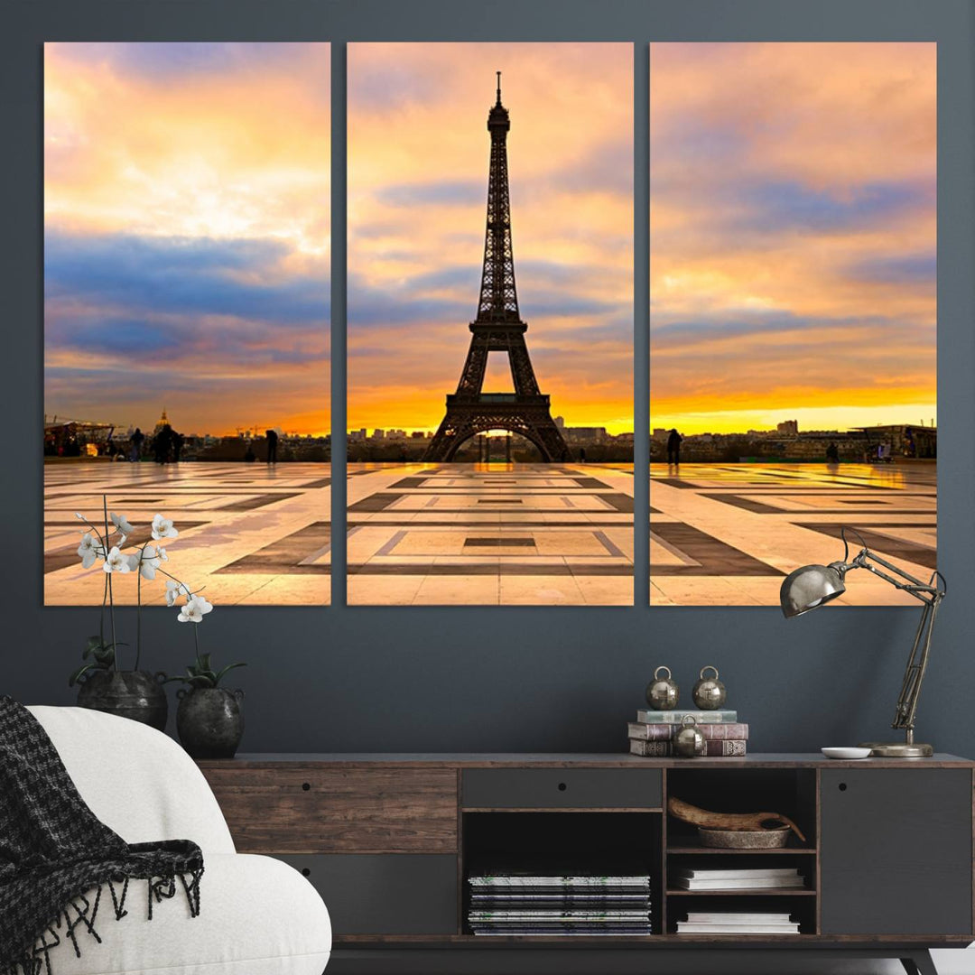 The "Paris Eiffel Tower Wall Art Canvas Prints" graces a wooden wall reminiscent of abstract expressionism.