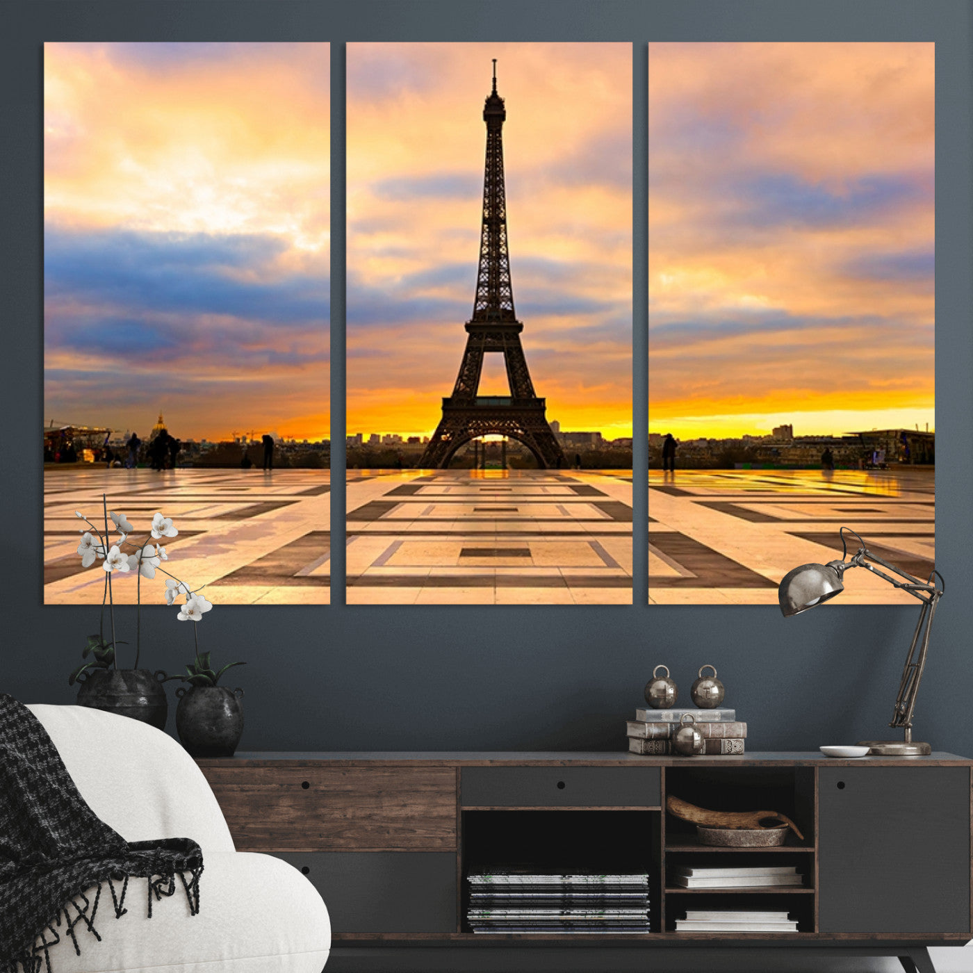 MGV-CV-48X32-3P - Paris Eiffel Tower Sunset Canvas Wall Art Print - Iconic Landmark Decor with Vibrant Colors