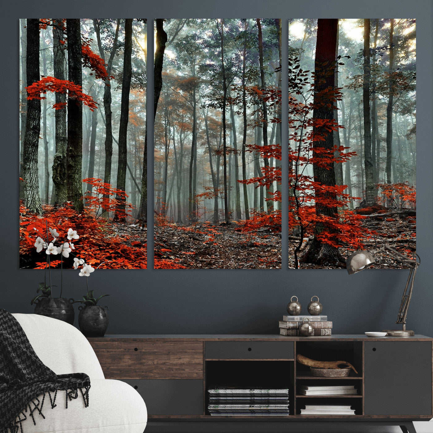 59209-MGV-CV-36X24-Autumn Forest Canvas Wall Art – Enchanting Red Leaves Triptych Print – Nature-Inspired Decor for Living Room or Office – Ready to Hang