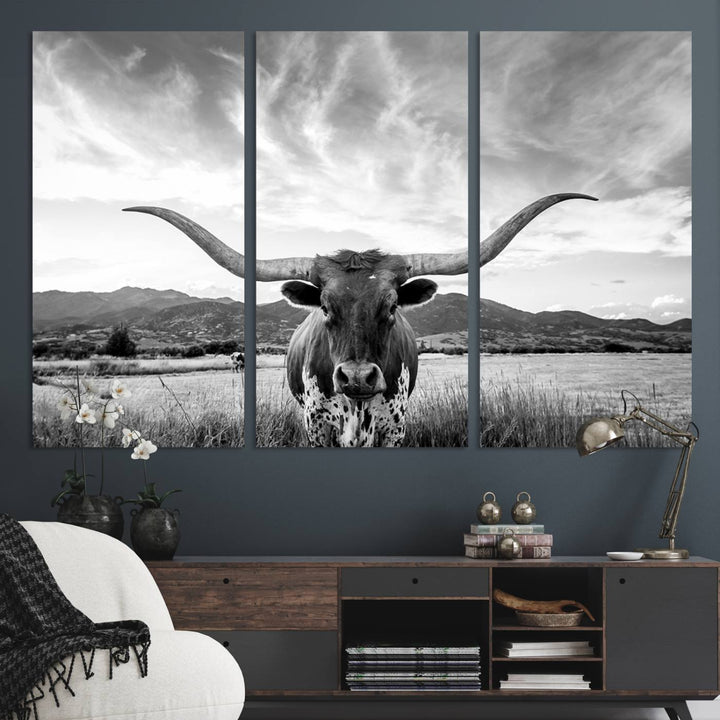 Longhorn Cow Wall Art Canvas Print Farmhouse Wall Art - Texas Longhorn Wall Art Print