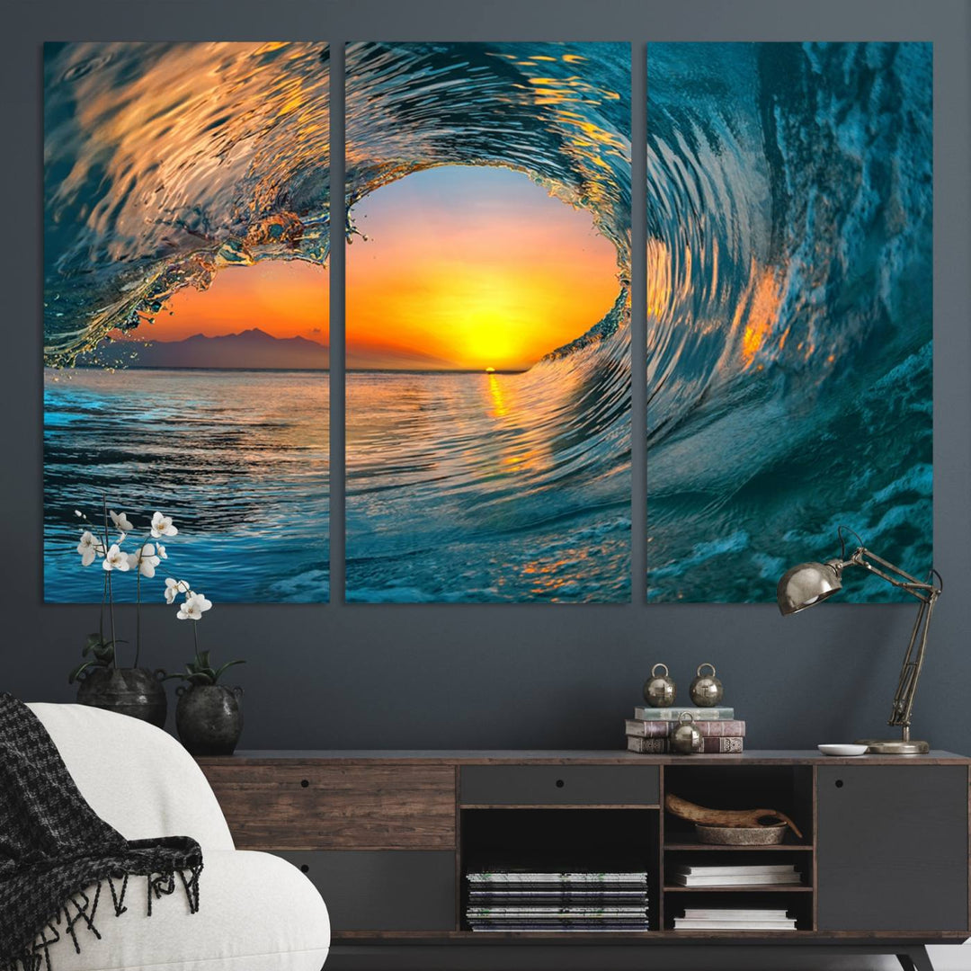 The Ocean Wave Sunset Wall Art canvas print features a vibrant ocean wave at sunset, forming a tunnel with silhouetted mountains.