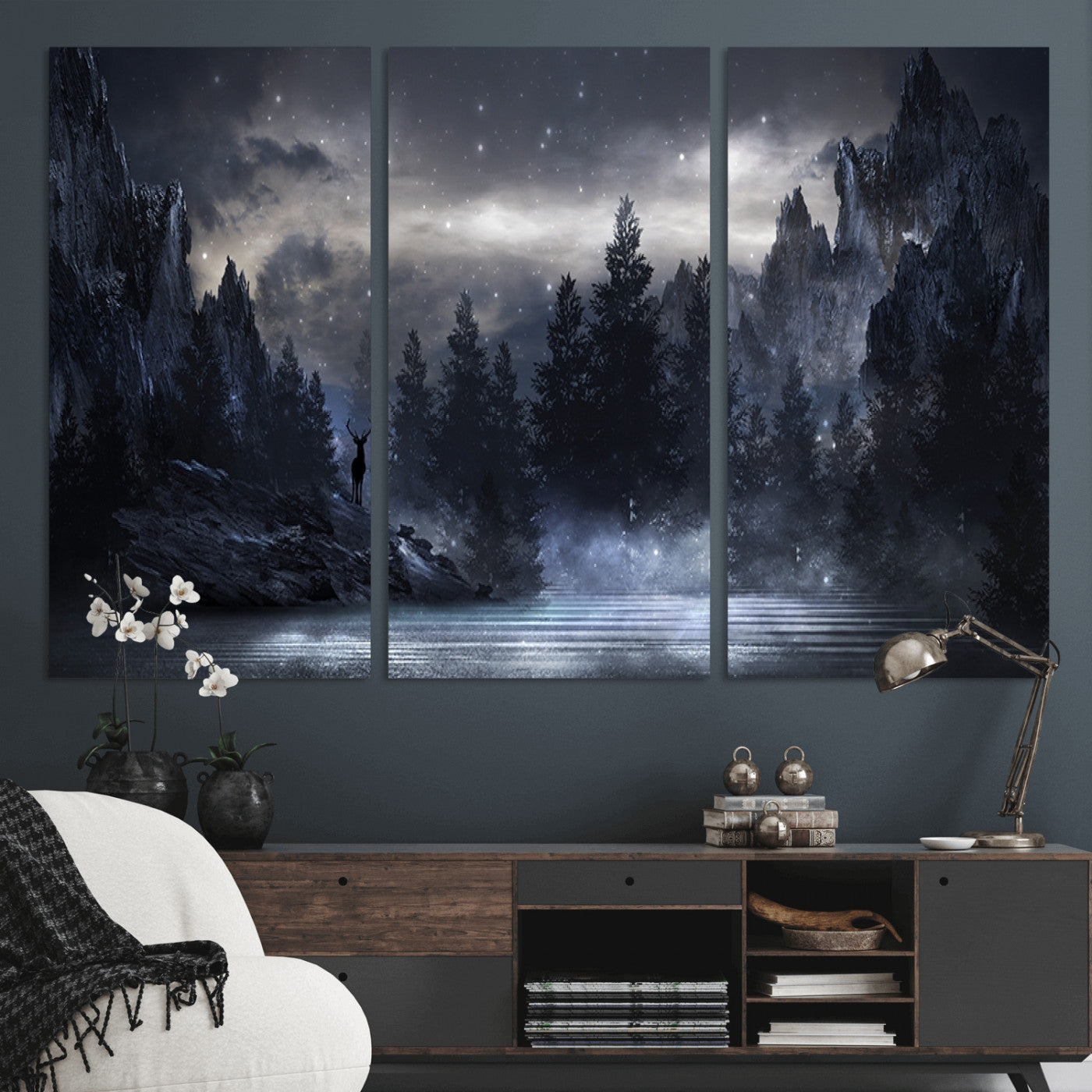 MGV-CV-48X32-3P - Night Landscape and Trees Wall Art Canvas Print