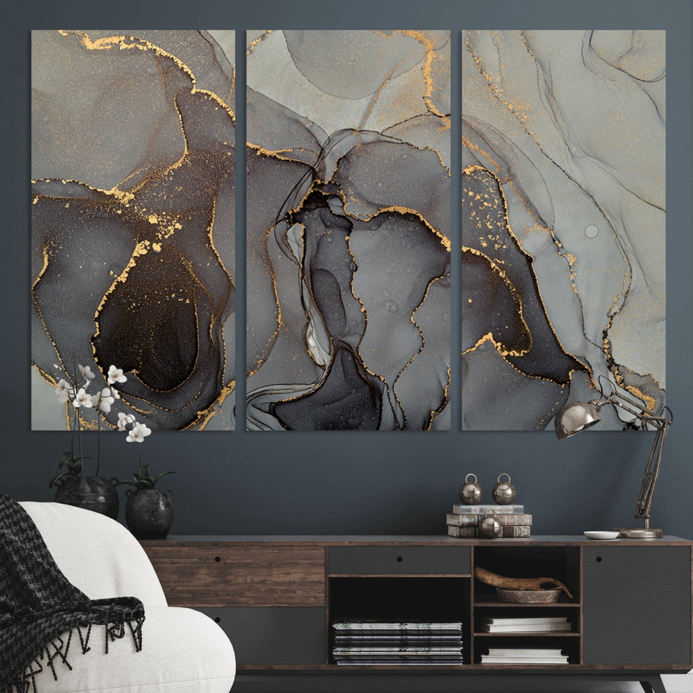 MGV-CV-48X32-3P - Gray Marble Fluid Effect Wall Art Abstract Canvas Wall Art Print