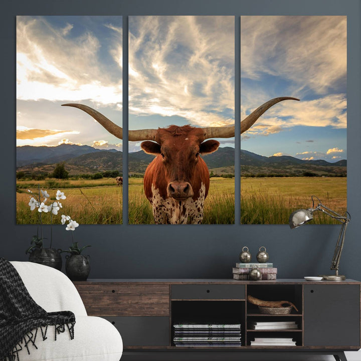 Texas Longhorn Canvas Wall Art – Majestic Triptych Animal Print – Rustic Western Decor for Living Room or Office – Ready to Hang