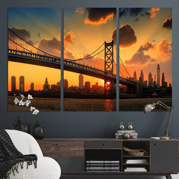 The Philadelphia Ben Franklin Bridge Wall Art Canvas Print radiates charm, embodying the beauty of premium canvas. This handmade-in-the-USA artwork captures attention with its distinct presence.