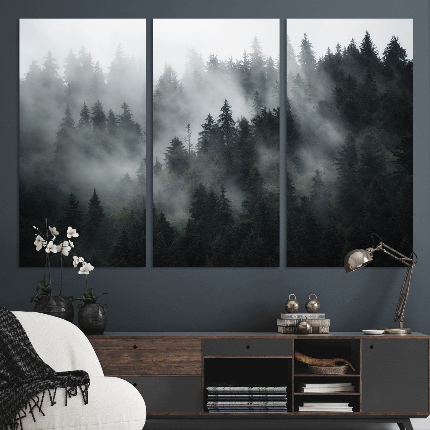 52359-MGV-CV-36X24-Foggy Forest Wall Art Canvas Print | 3 Panel Large Misty Landscape for Dining Room, Office, or Living Room | Ready to Hang Nature Deco