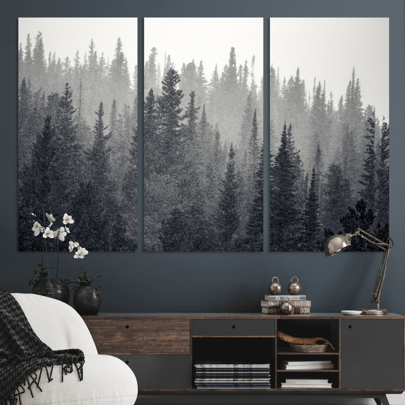 MGV-CV-48X32-3P - Misty Forest Canvas Wall Art – Monochrome Triptych Pine Tree Print – Nature-Inspired Home Decor –
