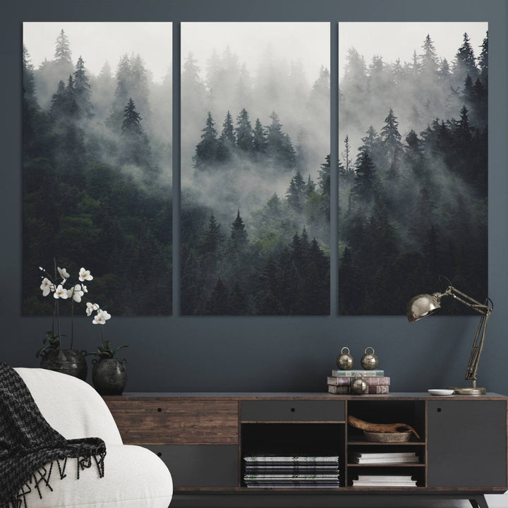 The Serene Triptych Print features tall evergreens, creating a mysterious and calming atmosphere.