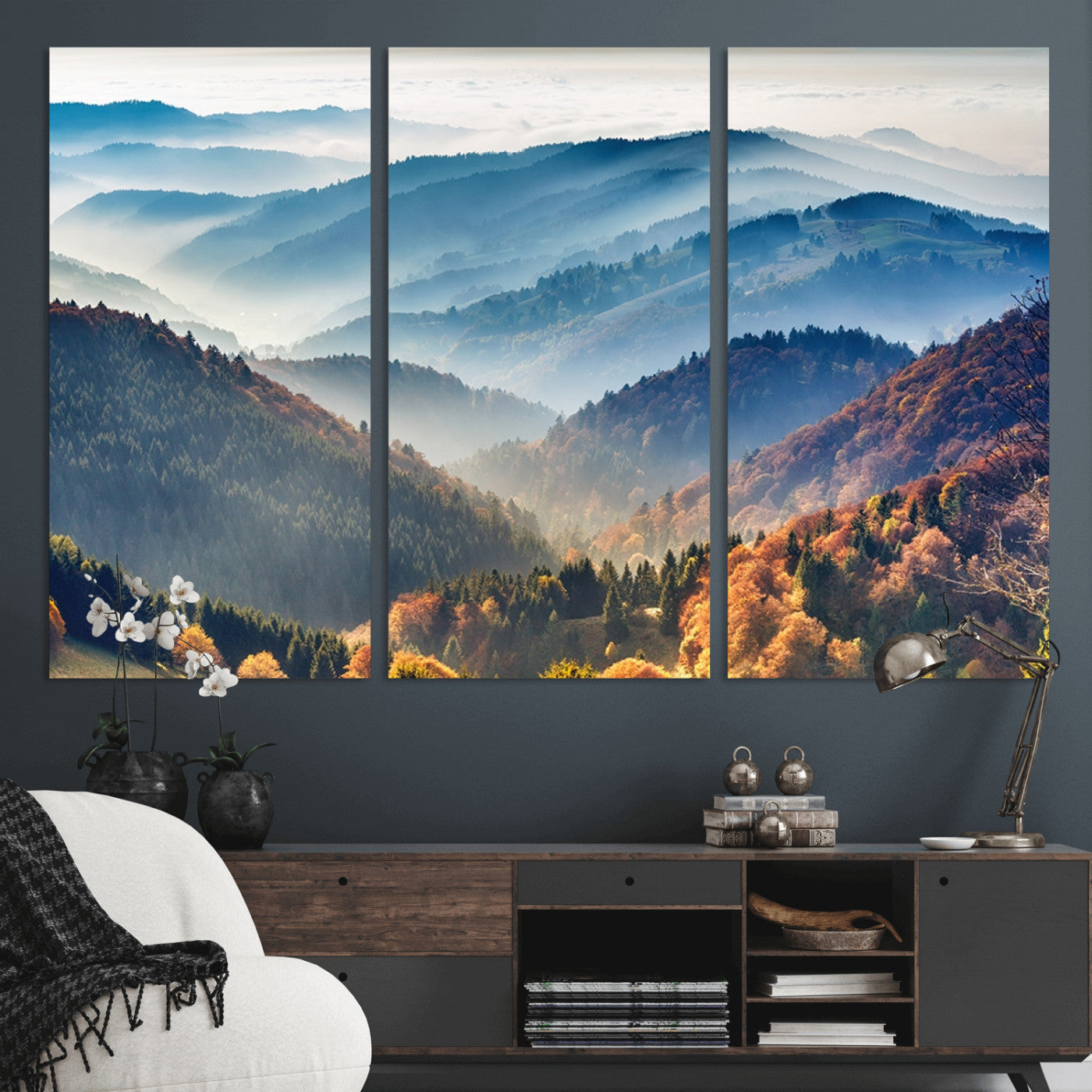 MGV-CV-48X32-3P - Misty Mountain Sunrise Triptych Canvas Print – Autumn Landscape Wall Art – Scenic Nature Decor –