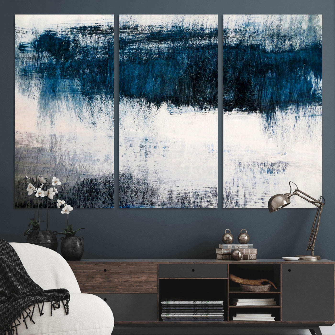 38954-MGV-CV-36X24-Abstract Blue and White Canvas Art | Large Wall Art for Modern Living Room Decor | Minimalist Brushstroke Painting on Canvas