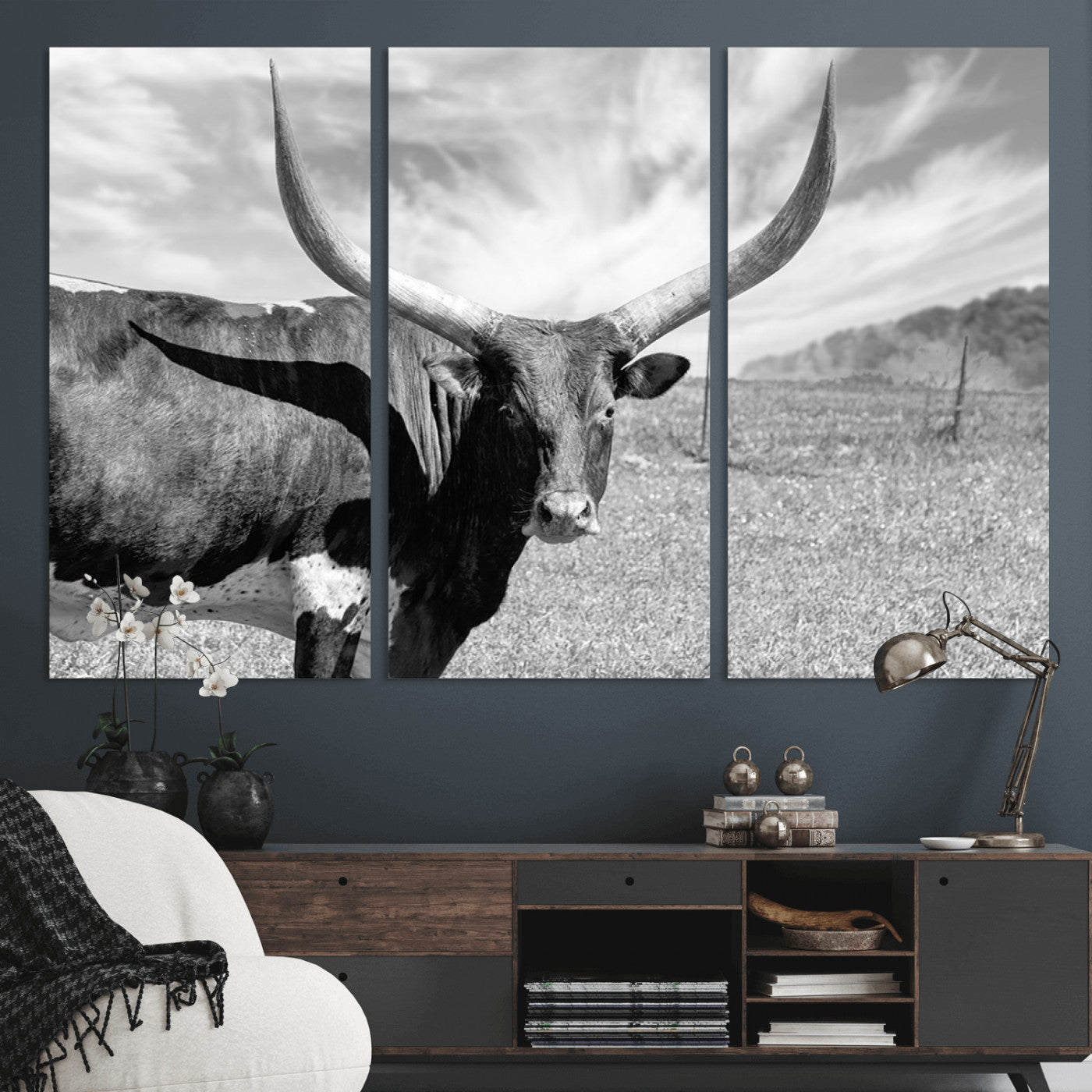 MGV-CV-48X32-3P - Longhorn Wall Art Canvas Print, Framed Ranch Wall Art Canvas Print