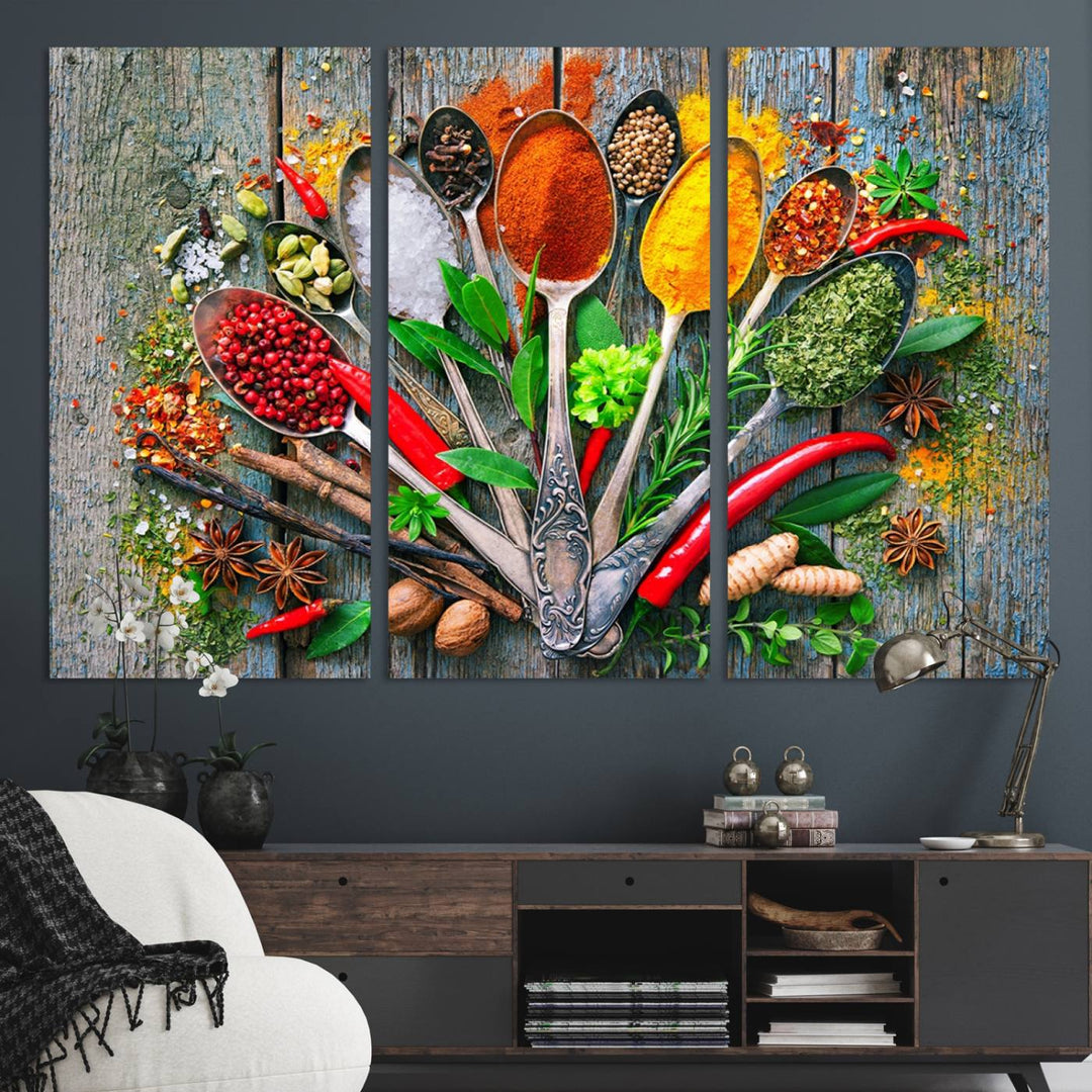 Vibrant Spoonful of Spices kitchen wall art canvas, a culinary triptych ideal for any dining room decor.