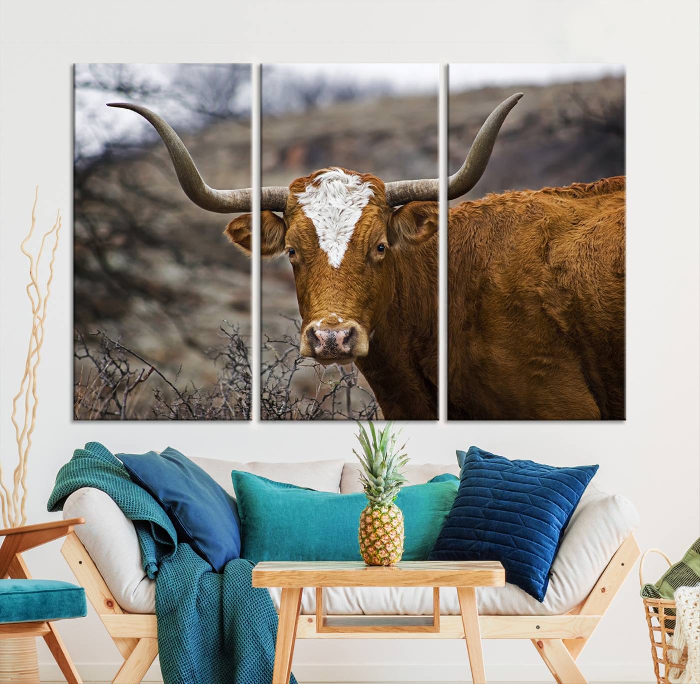 71797-MGV-CV-36X24-Texas Longhorn Canvas Wall Art - Longhorn Steer Canvas Wall Art Print- Rustic Western Animal Print, Large Longhorn Decor for Living Room,