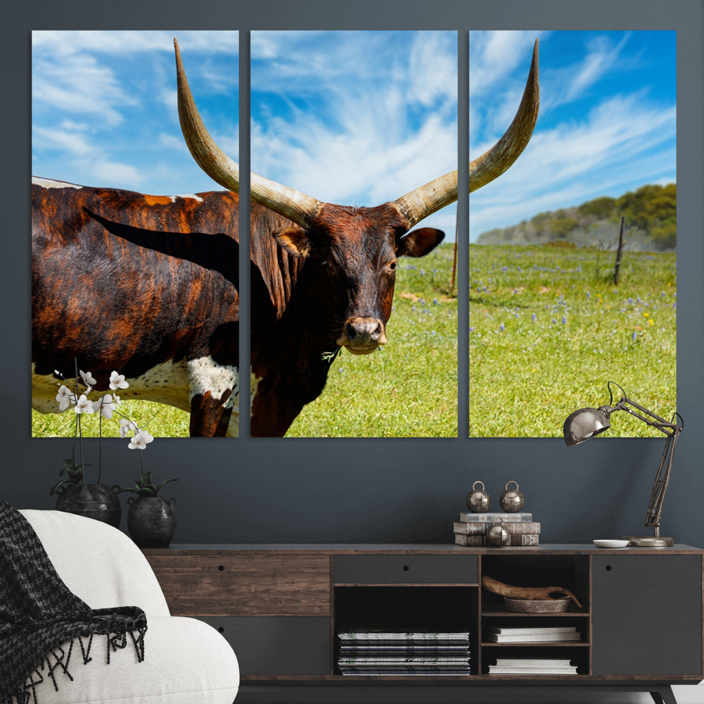 47037-MGV-CV-36X24-Longhorn and Cow Wall Art, Country Cow Wall Decor Canvas Print