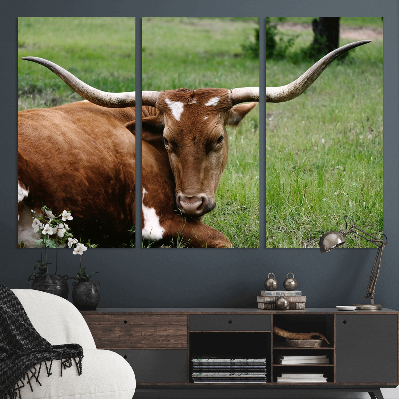 45997-MGV-CV-36X24-Longhorn Steer Canvas Wall Art – Rustic Nature Triptych Decor for Living Room or Office – Ready to Hang