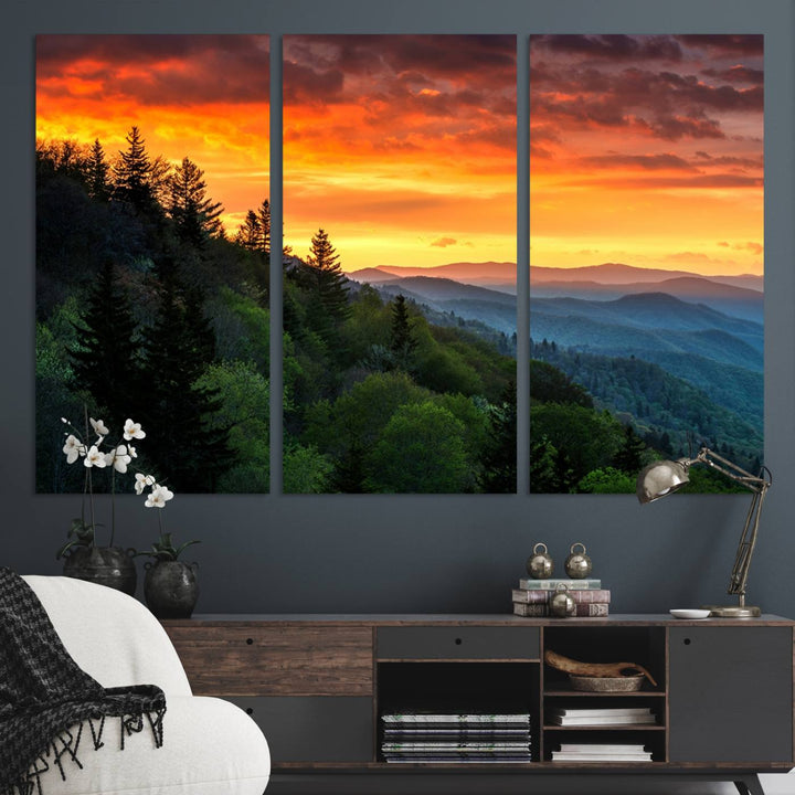 The Great Smoky Mountains Sunset Wall Art, a 3-panel print, beautifully captures natures beauty and is perfect for living room or office decor.