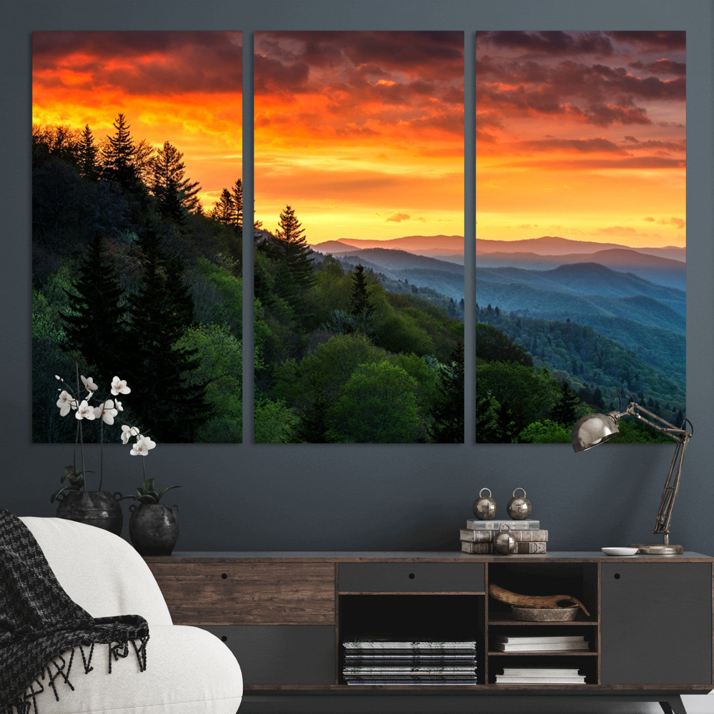 MGV-CV-48X32-3P - Great Smoky Mountains Sunset Wall Art Canvas Print | 3 Panel Large Nature Landscape Photography for