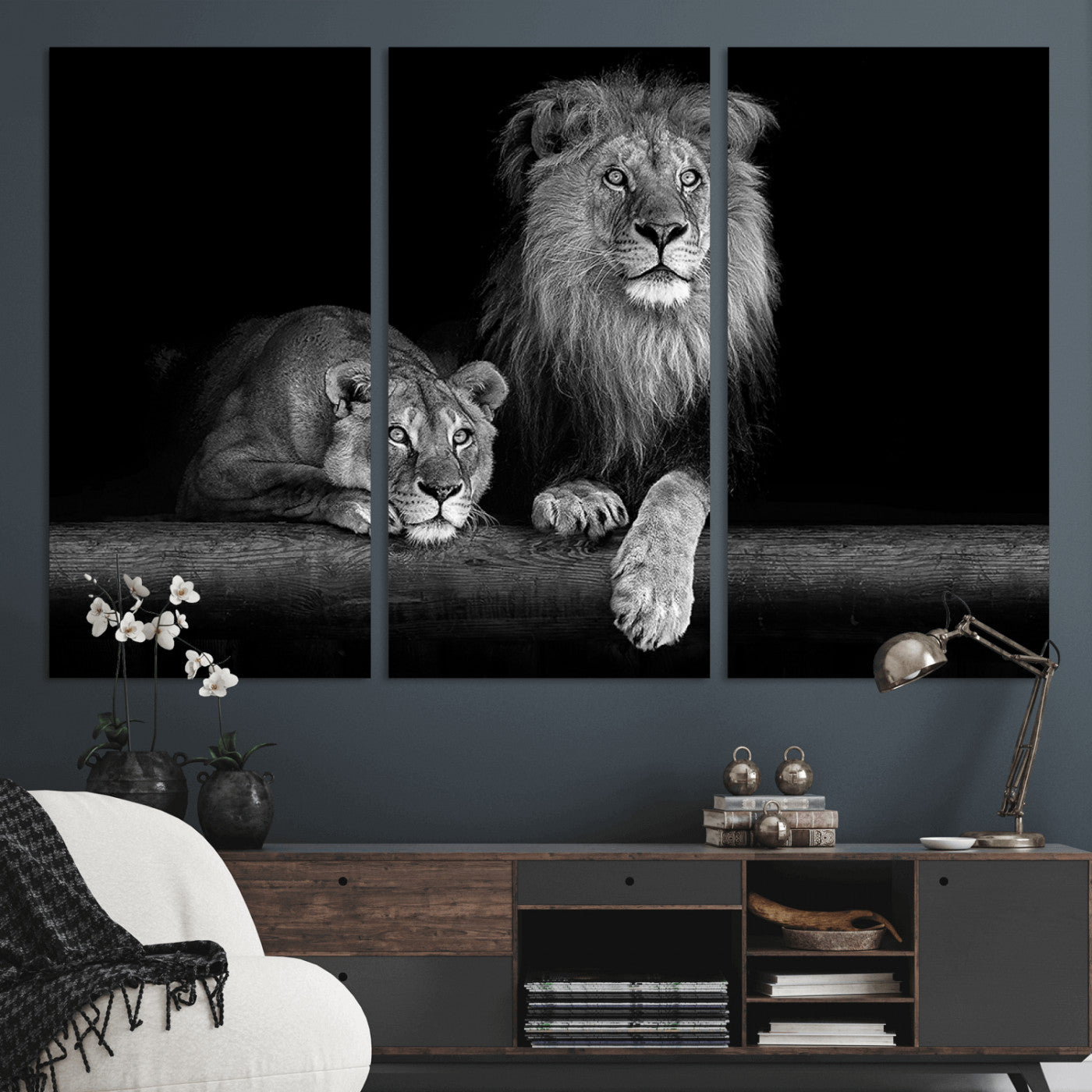 MGV-CV-48X32-3P - Large Black and White Lion Couple Wall Art Canvas Print