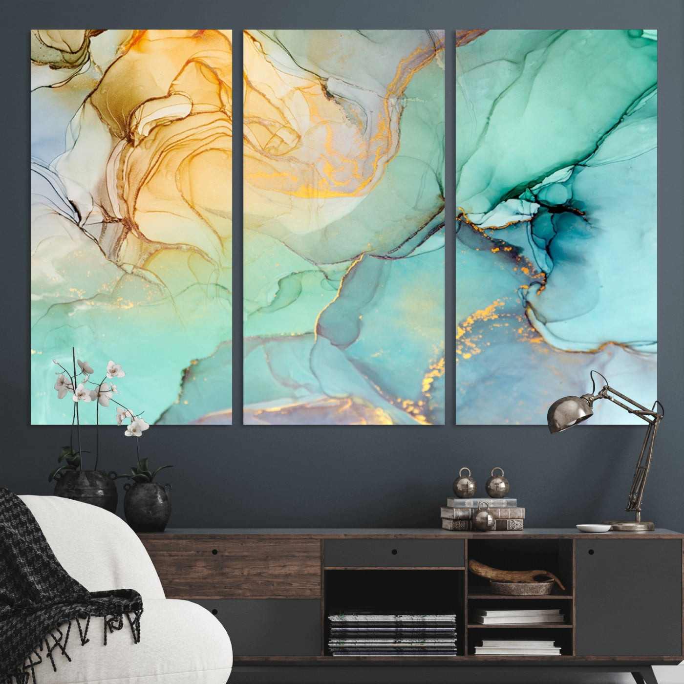 MGV-CV-48X32-3P - Green Marble Fluid Effect Wall Art Abstract Canvas Wall Art Print