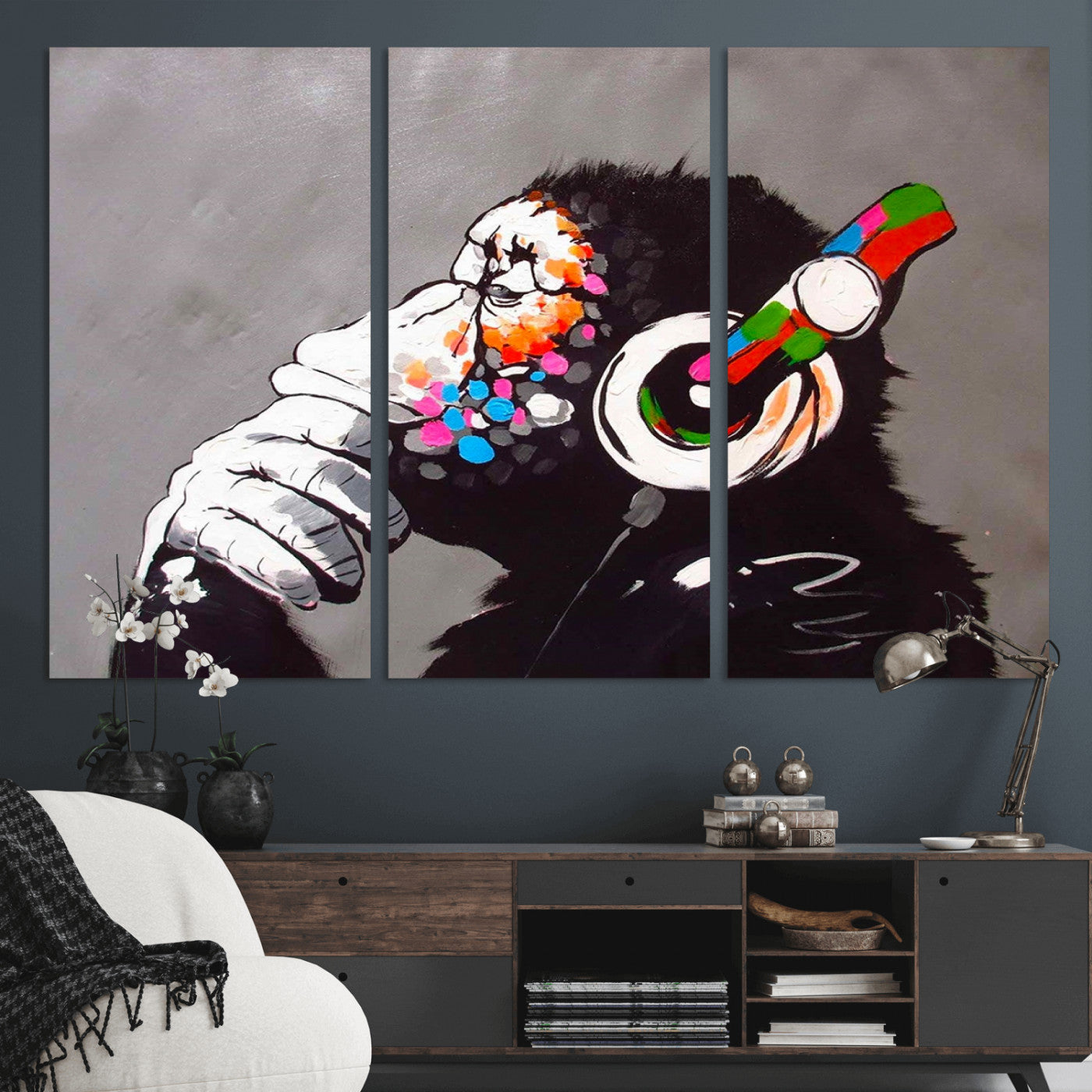 MGV-CV-48X32-3P - Dj Monkey Listening to Music Wall Art Print | Banksy Monkey Large Canvas Print for Living Room,