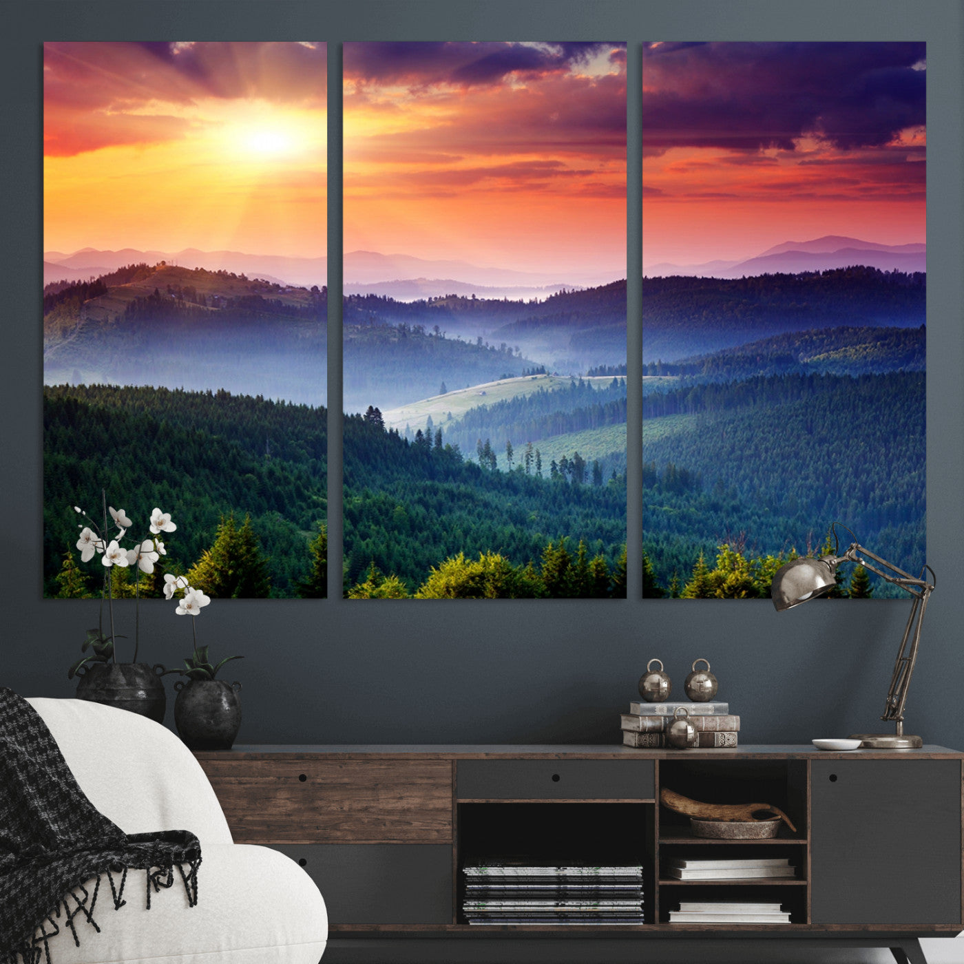 MGV-CV-48X32-3P - Beautiful Sunset over Hills Forest Landscape Canvas Wall Art Print
