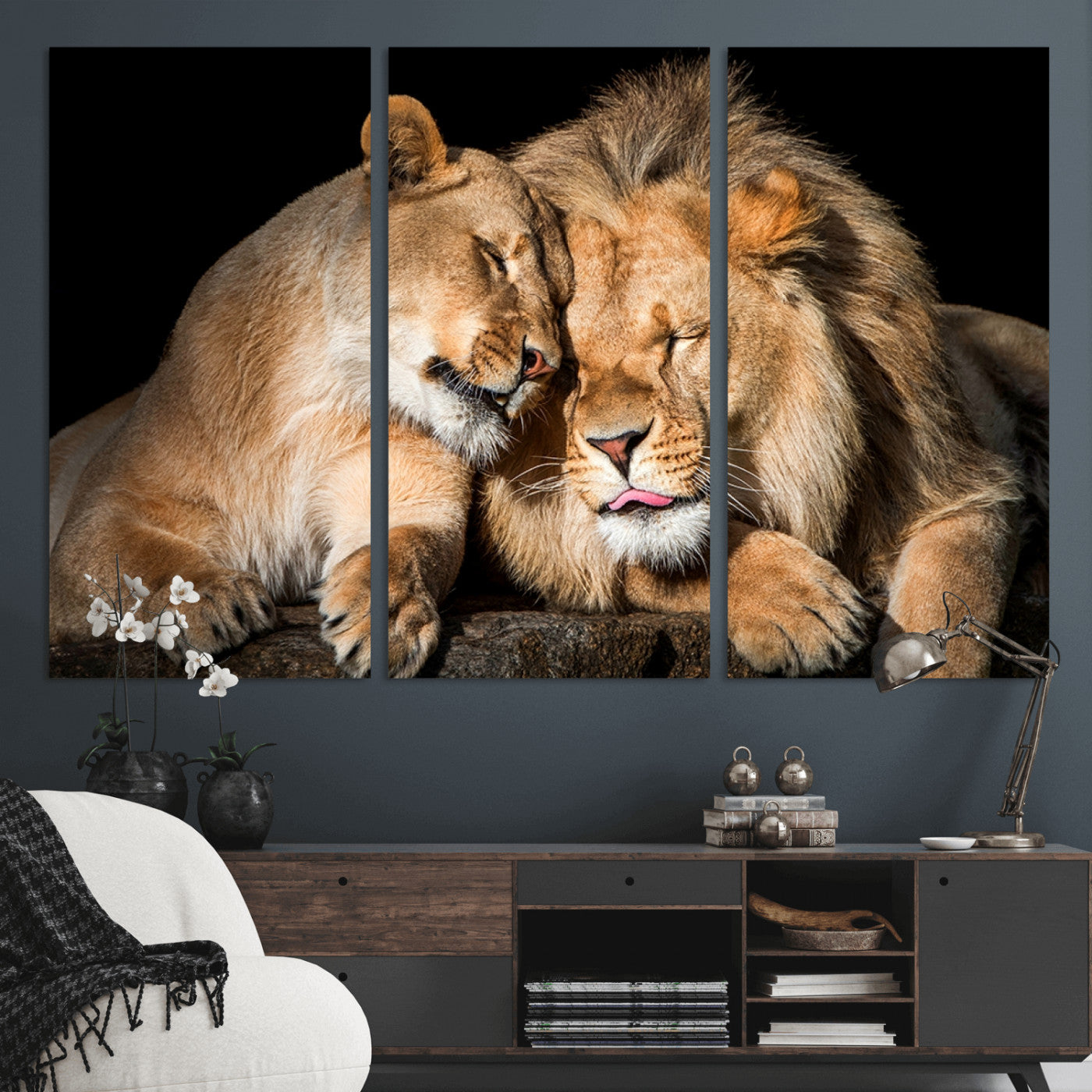 MGV-CV-48X32-3P - Lion and Lioness Wall Art Print Canvas | 3-Panel African Wildlife Canvas Print | Animal-Themed Art