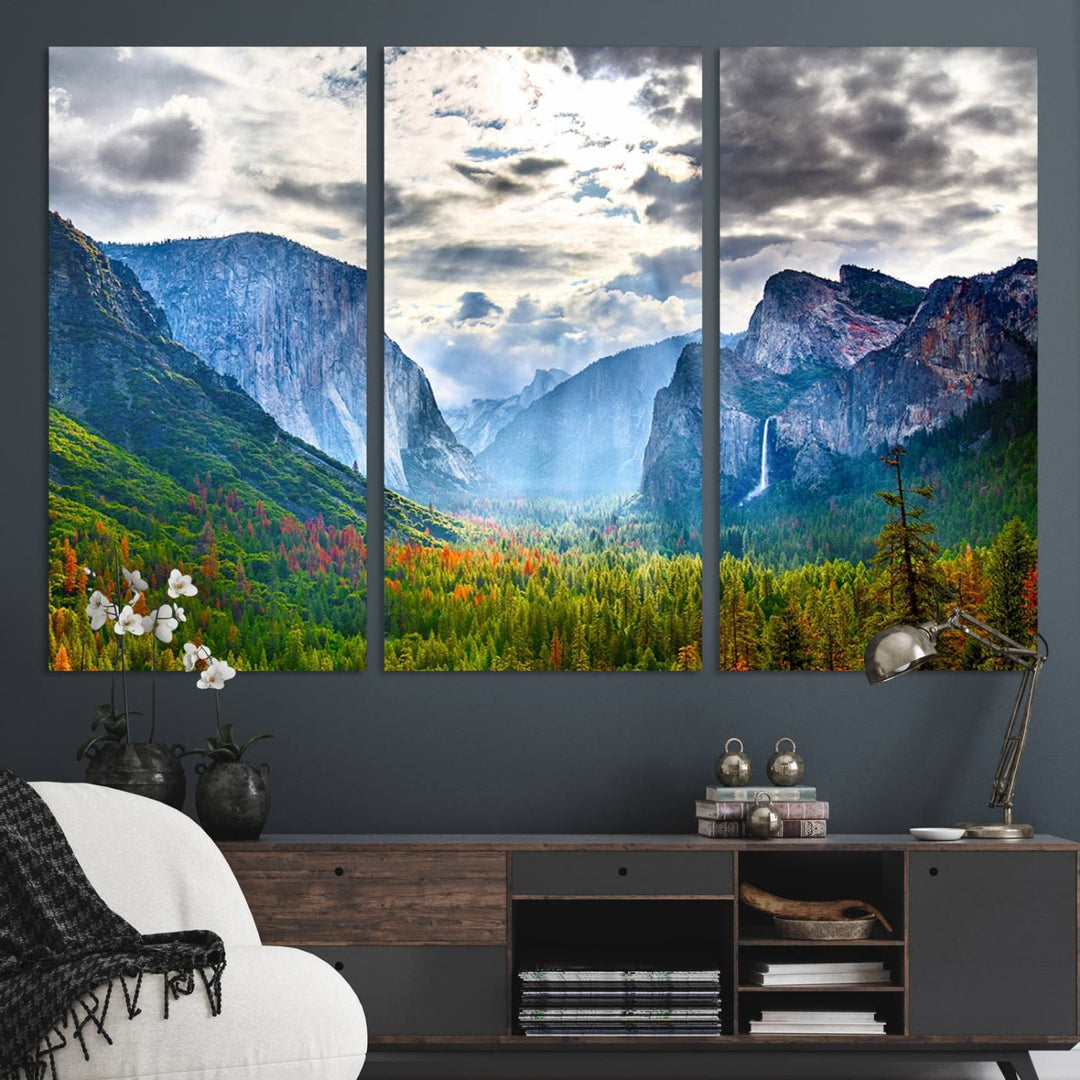 The Yosemite Park Half Dome 3 Panel Canvas Print beautifully captures the enchanting beauty of national parks with its vibrant mountain and forest scene. This large giclée landscape wall art is perfect for living rooms, offices, or bedrooms and comes ready to hang.