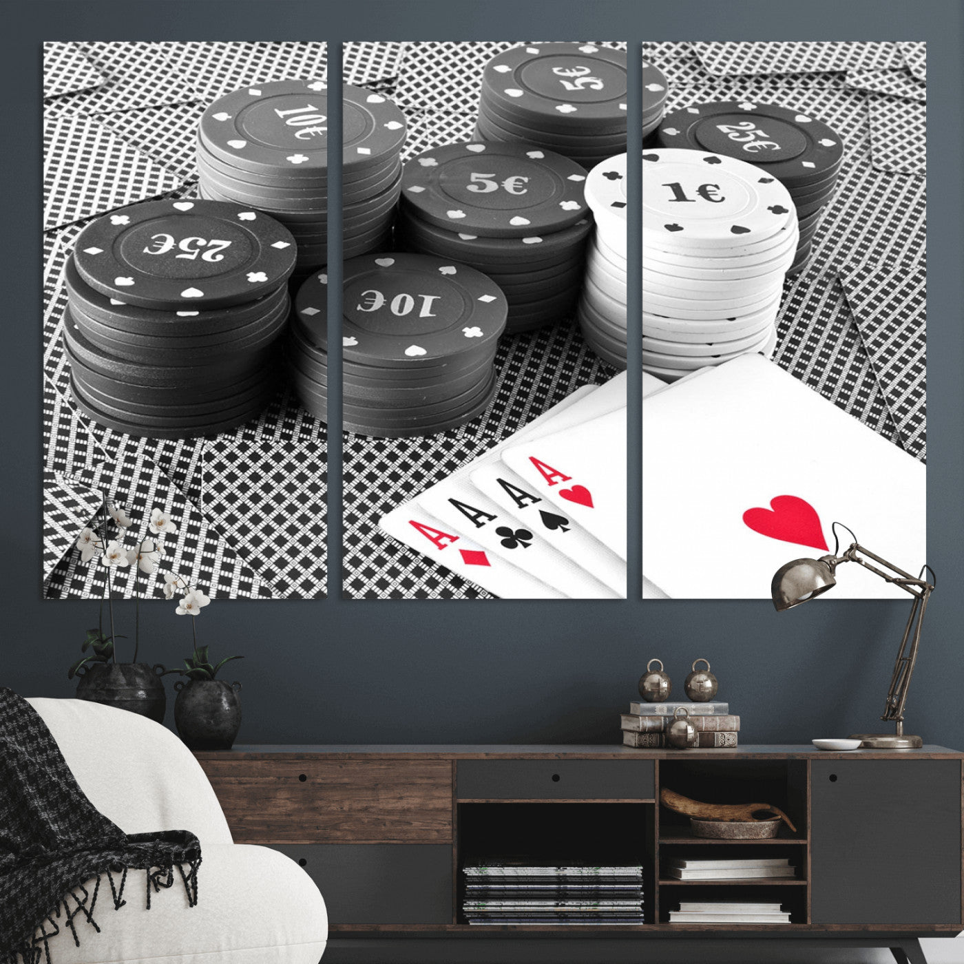 MGV-CV-48X32-3P - Poker Game Cards Wall Art Canvas, Multi Panel Wall Art Canvas Print