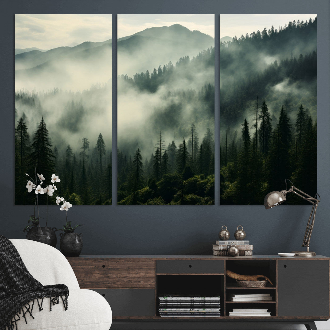 25295-MGV-CV-36X24-Captivating Misty Forest Wall Art Premium Canvas Print a Foggy and Serene Atmosphere