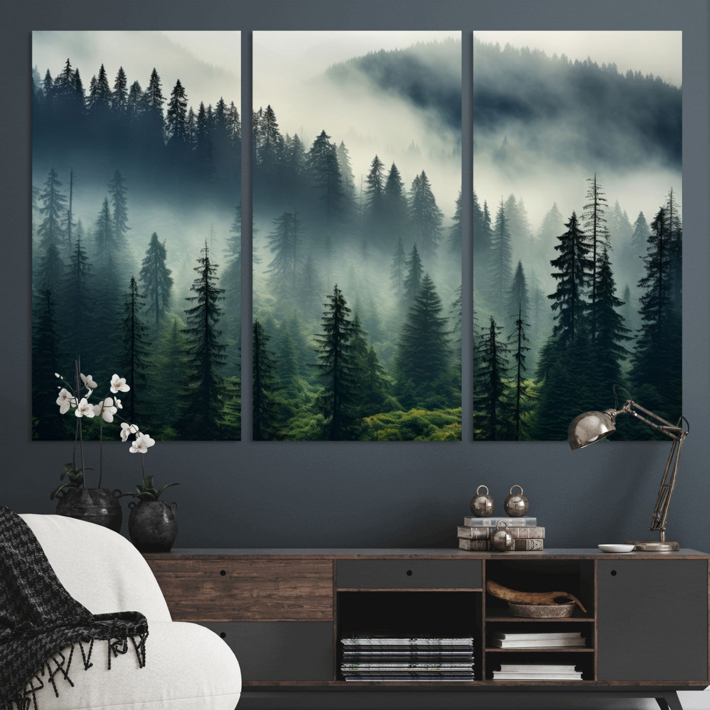 48606-MGV-CV-36X24-Captivating Misty Forest Wall Art Premium Canvas Print a Foggy and Serene Atmosphere