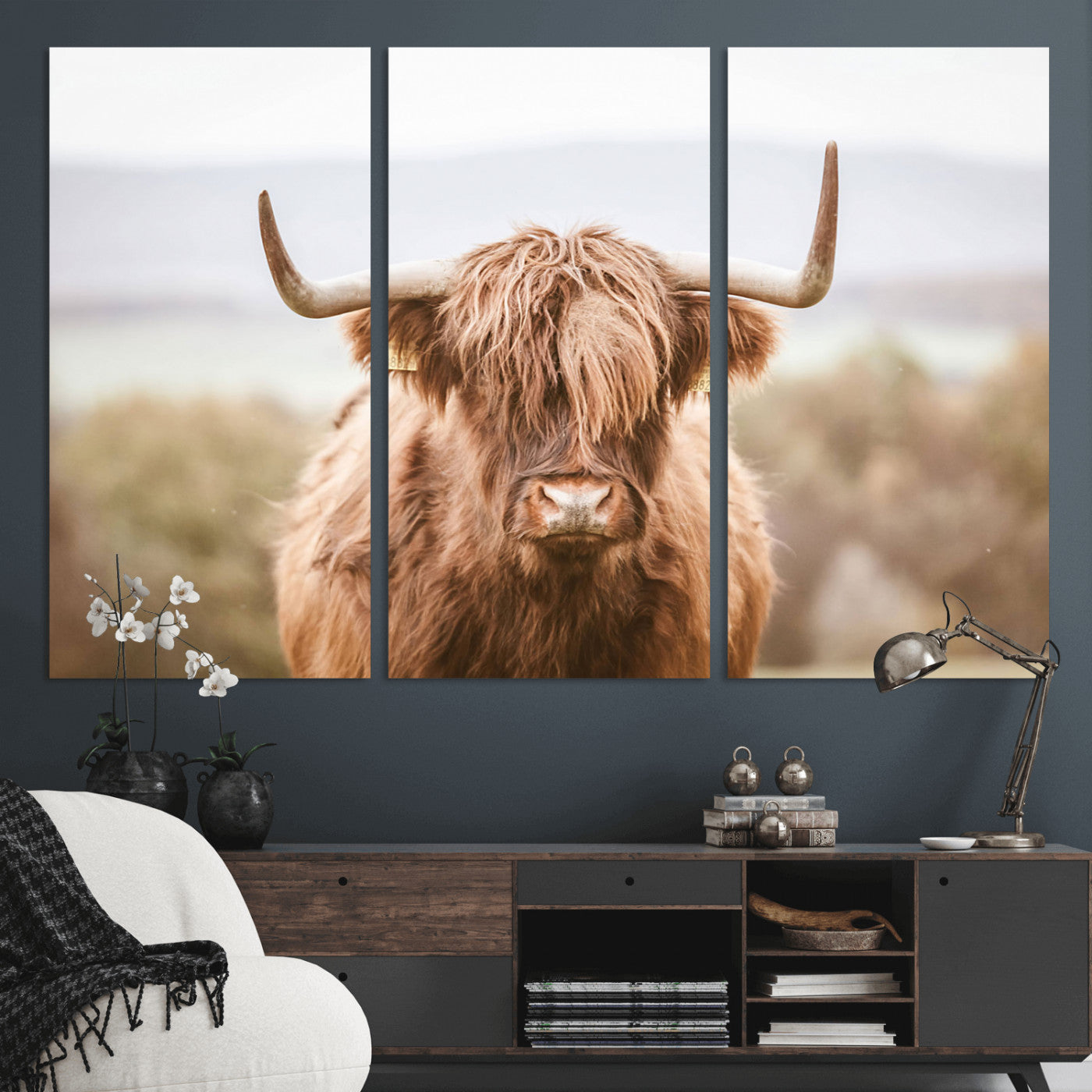 MGV-CV-48X32-3P - Scottish Serene Highland Cow Canvas Wall Art – Serene Highland Cow in Natural Pastel Tones – Ready