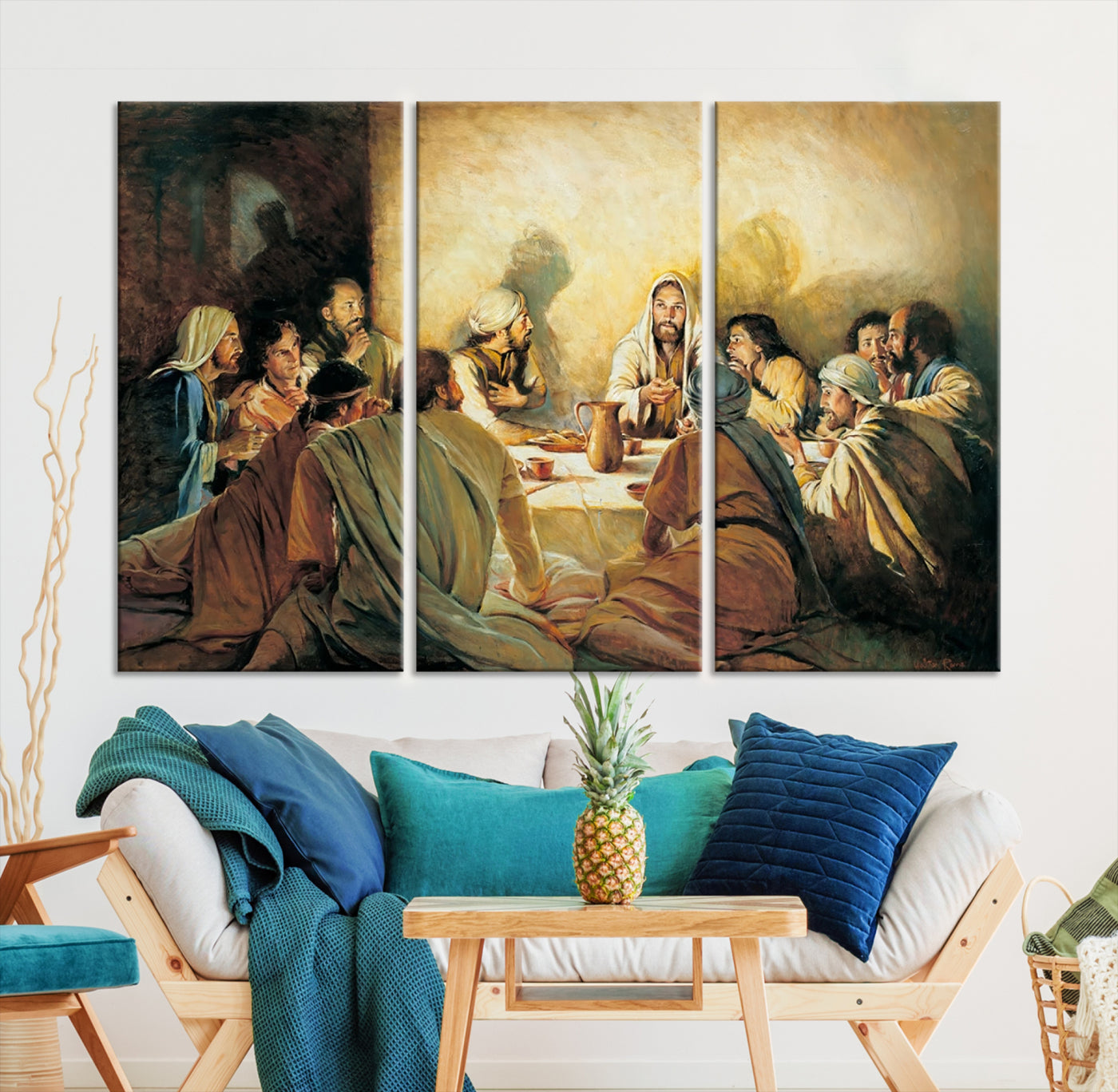 Framed canvas print of the Last Supper, depicting Jesus and his disciples, perfect for religious or Christian-themed home decor.