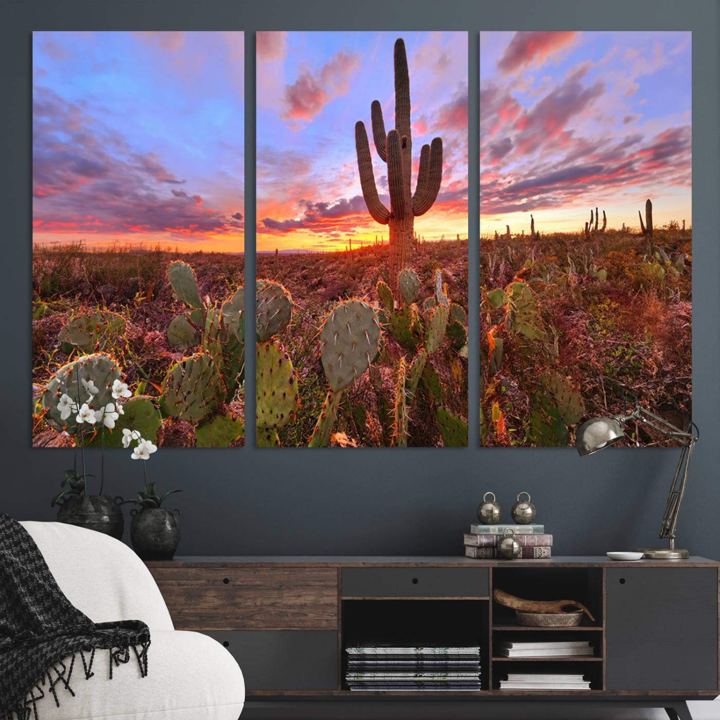 The Arizona Desert Sunset Wall Art Canvas Print hangs prominently.